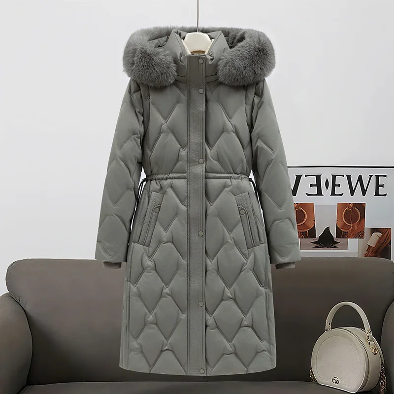 Großer Pelzkragen mit Kapuze, abnehmbares Fell, mittellanger, mit Baumwolle gefütterter Daunenmantel für Damen, Winter, verdickt, warm, winddicht, mit Baumwolle gefüttert