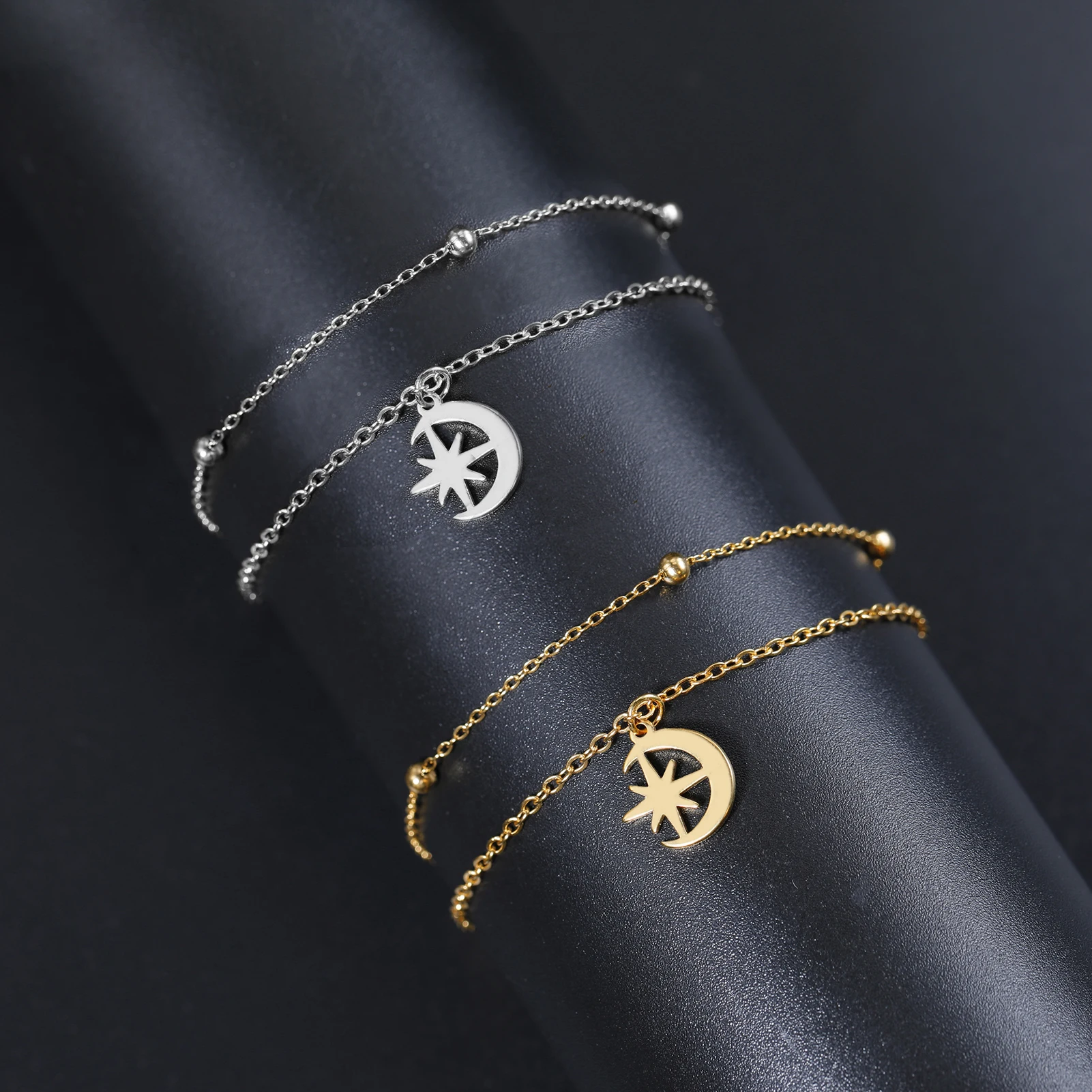 

Kkjoy Star Moon Pendant Gold Color Double Layer Chain Stainless Steel Bracelet for Women Girls Wedding Charm Jewelry Party Gift