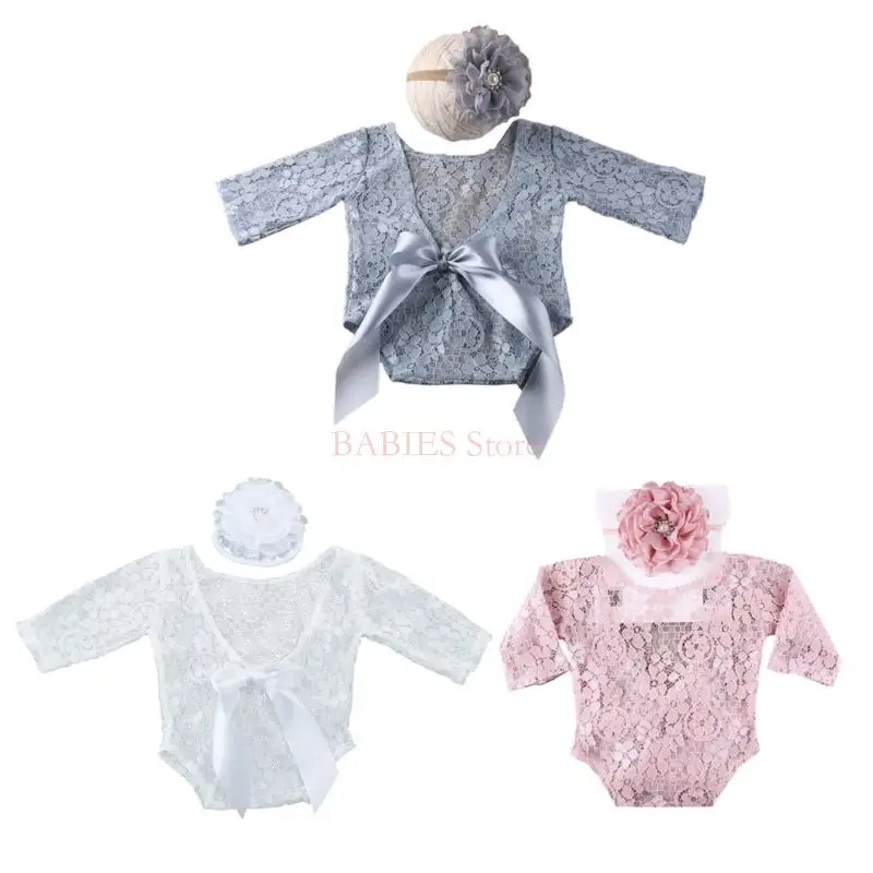 

C9GB Lace Jumpsuit Bodysuit Floral Hairband for Head Wrap Turban Headwear Costume Baby Boys Girls Lace Romper Flower Headband