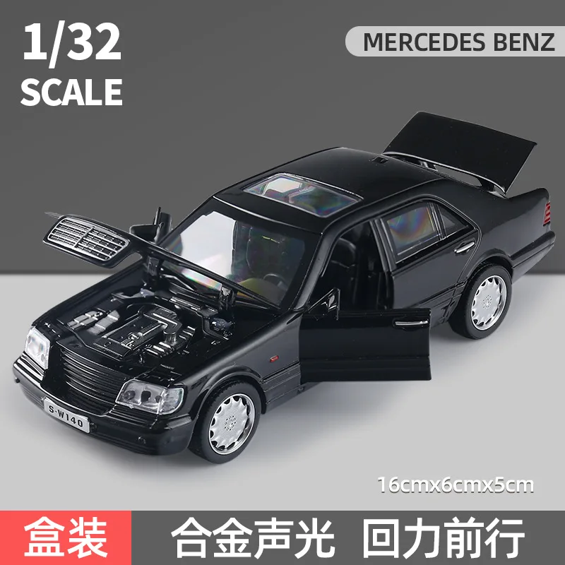 Mercedes-Benz-S-W140 Metal Diecast Car Model Vehicle, 1:32, liga, luz, som, puxar para trás função, presente para menino, A88