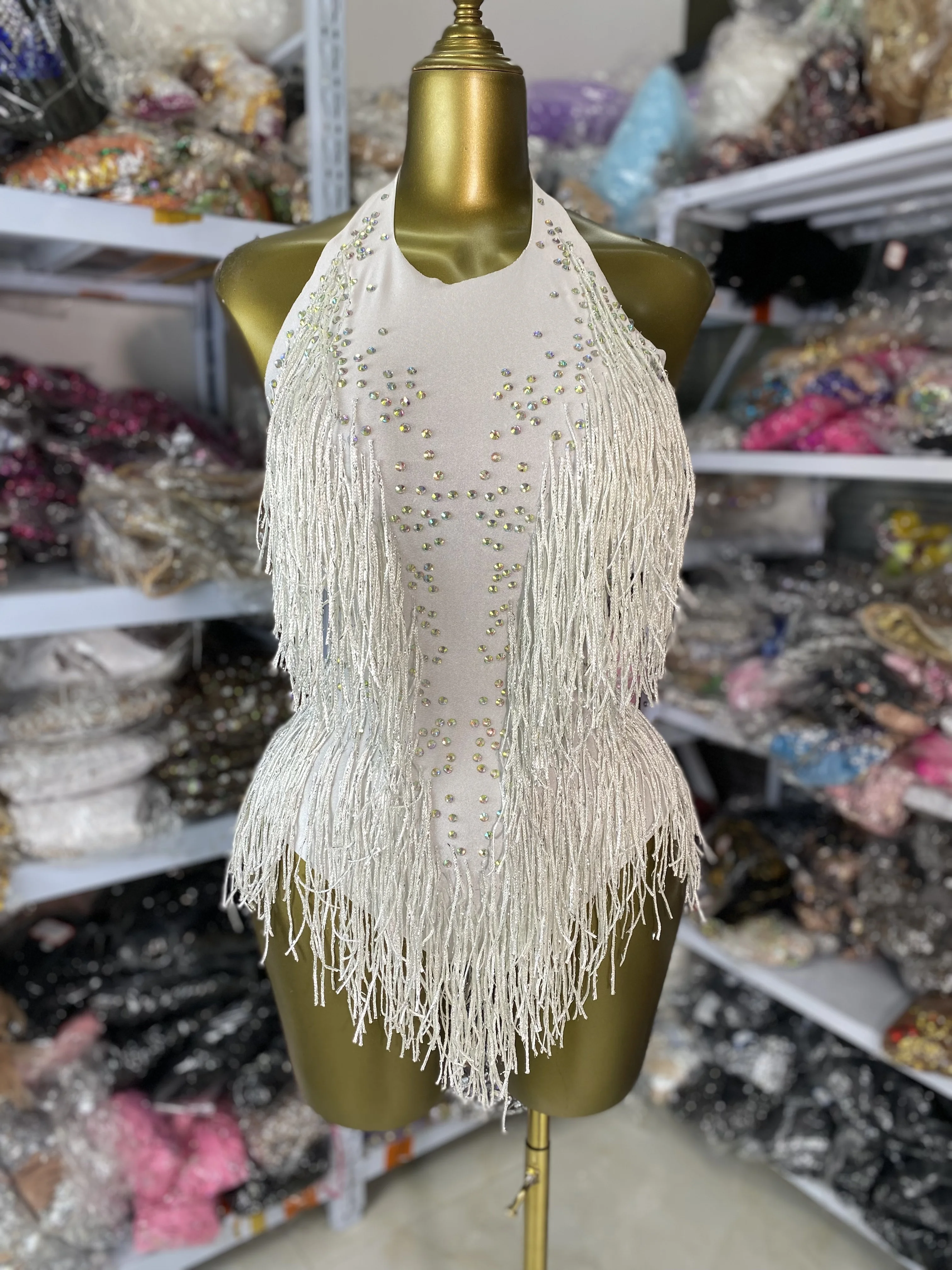 

White Sparkly Rhinestones Fringes Bodysuit Women Nightclub Outfit Glisten Dance Costumes One-piece Sport Ballroom Dance Dress