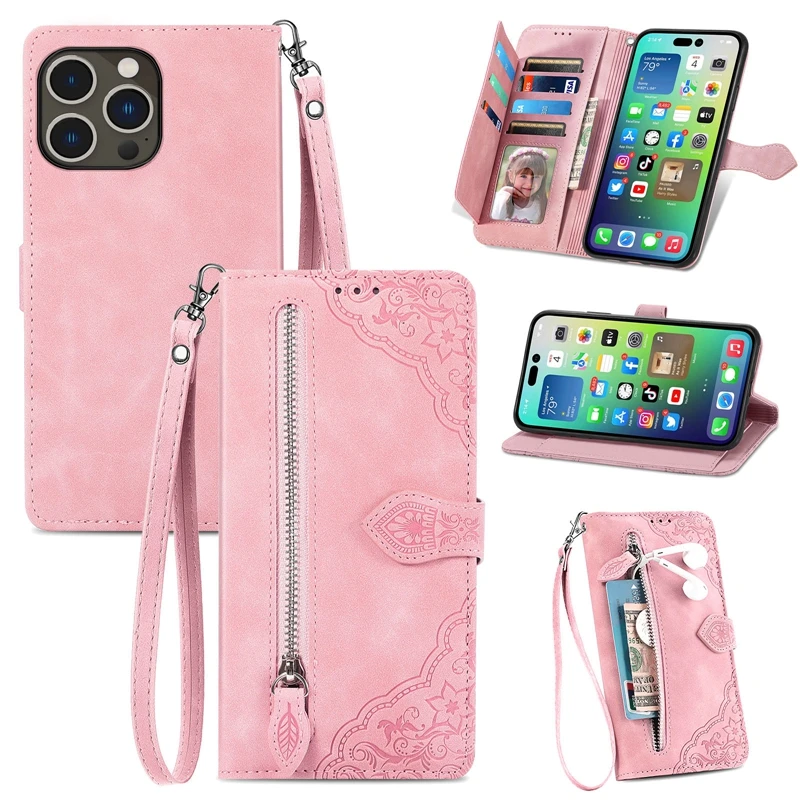 10pcs for iPhone 6 7 8 XS XR 11 12 13 14 15Pro Max Mini Wallet Zipper Storage PU Leather Phone Case Cover Shell With Lanyards