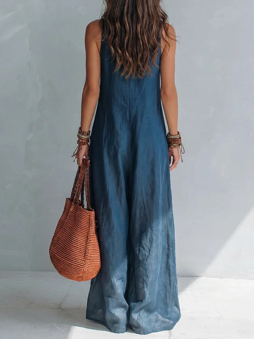 Summer Sleeveless Cotton Linen Jumpsuit Women V Neck Loose Wide Leg Pants Double Pocket Jumpsuit Casual Commuting Bodysuits view 6
