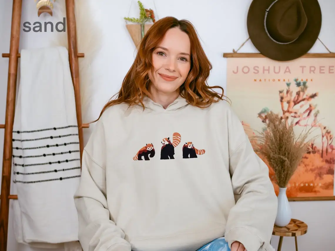 Red Panda Embroidered Hoodie Retro Vintage Sweatshirt Graphic Hoodies Y2K Casual Daily Wear Unisex  Versatile Stylish Pullover