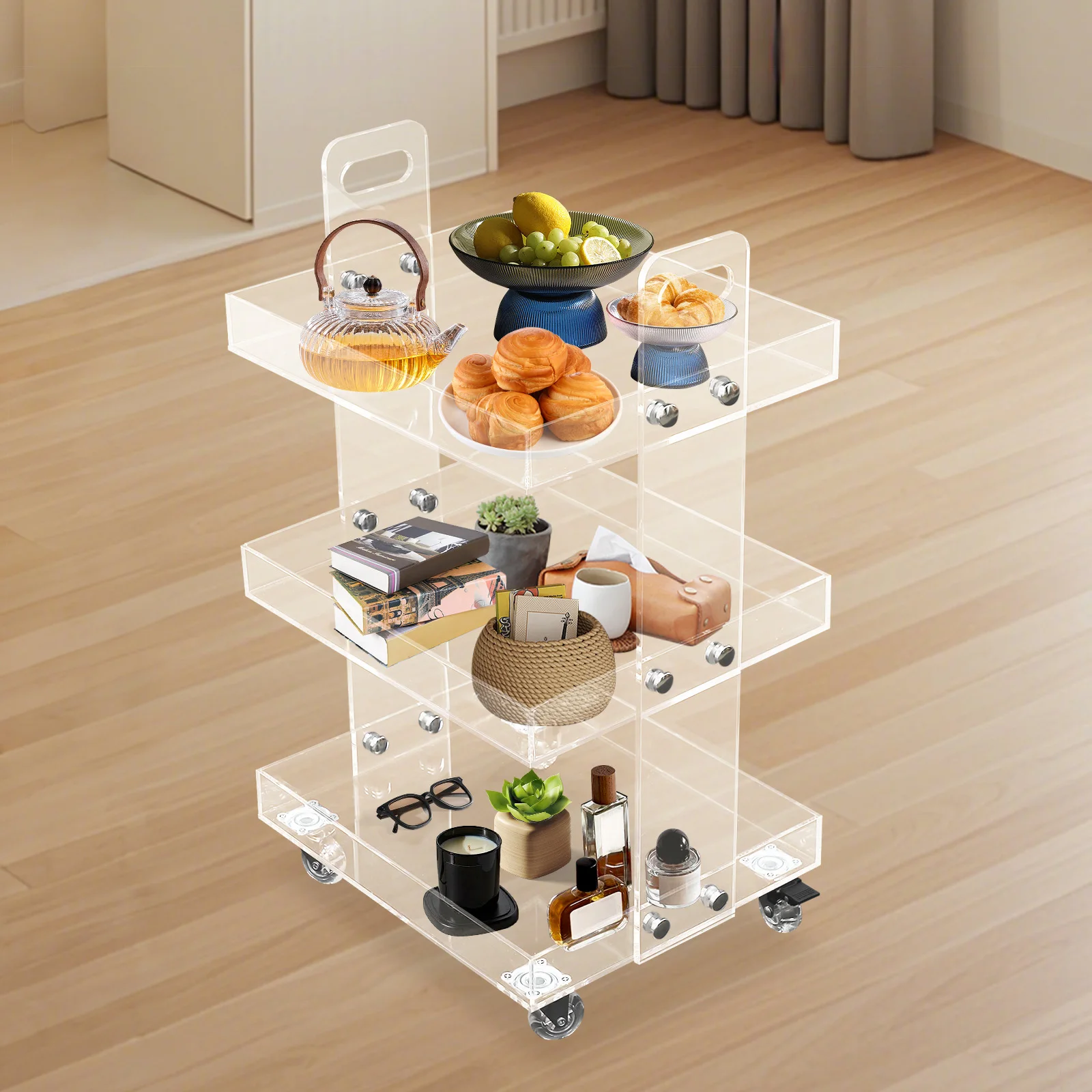 

Трехуровневая прозрачная акриловая тележка на колесиках, нагрузка 5 кг на полку, современный органайзер для хранения для ванной, кухни, офиса