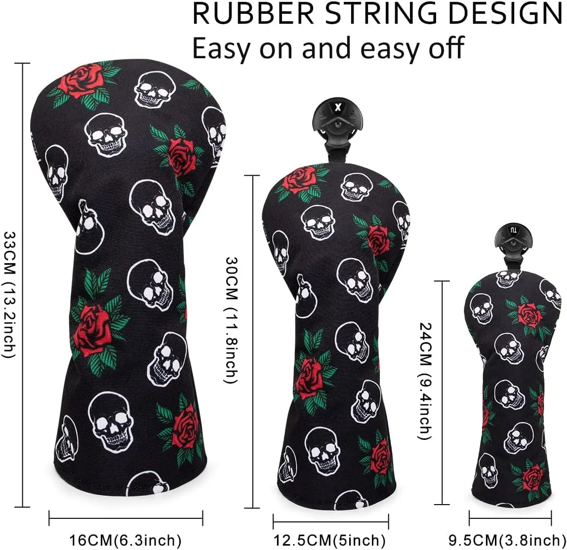 Flower Headcover Golf, Golf Club Head Covers for Driver, Woods and Hybrids, Rose and Skeleton Driver Fairway Rescue Headcovers