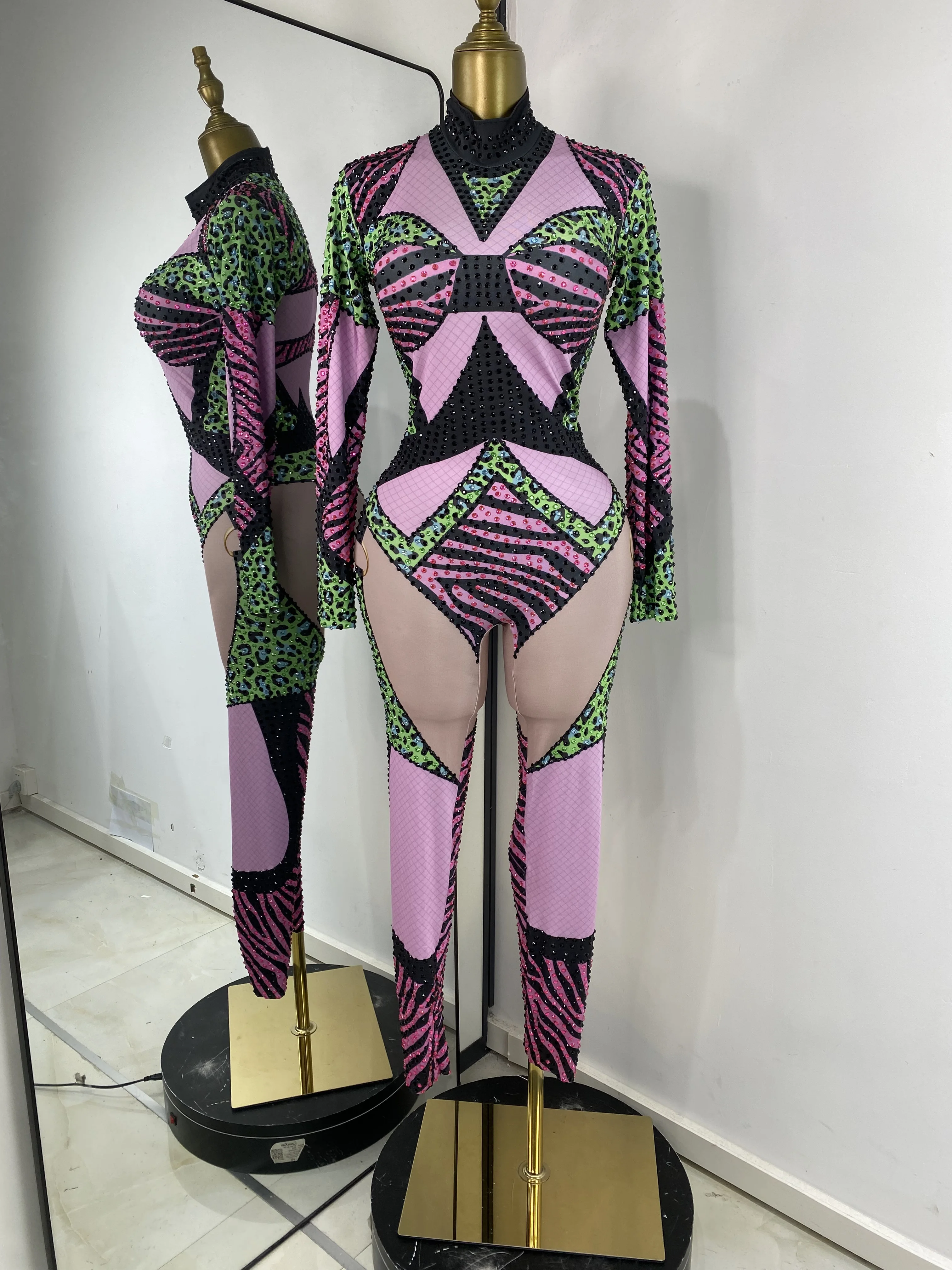 

Women Luxury Shiny Colorful Rhinestones Bodycon Jumpsuits Sexy Nightclub Performance Costumes Evening Party Dress Free Shipping