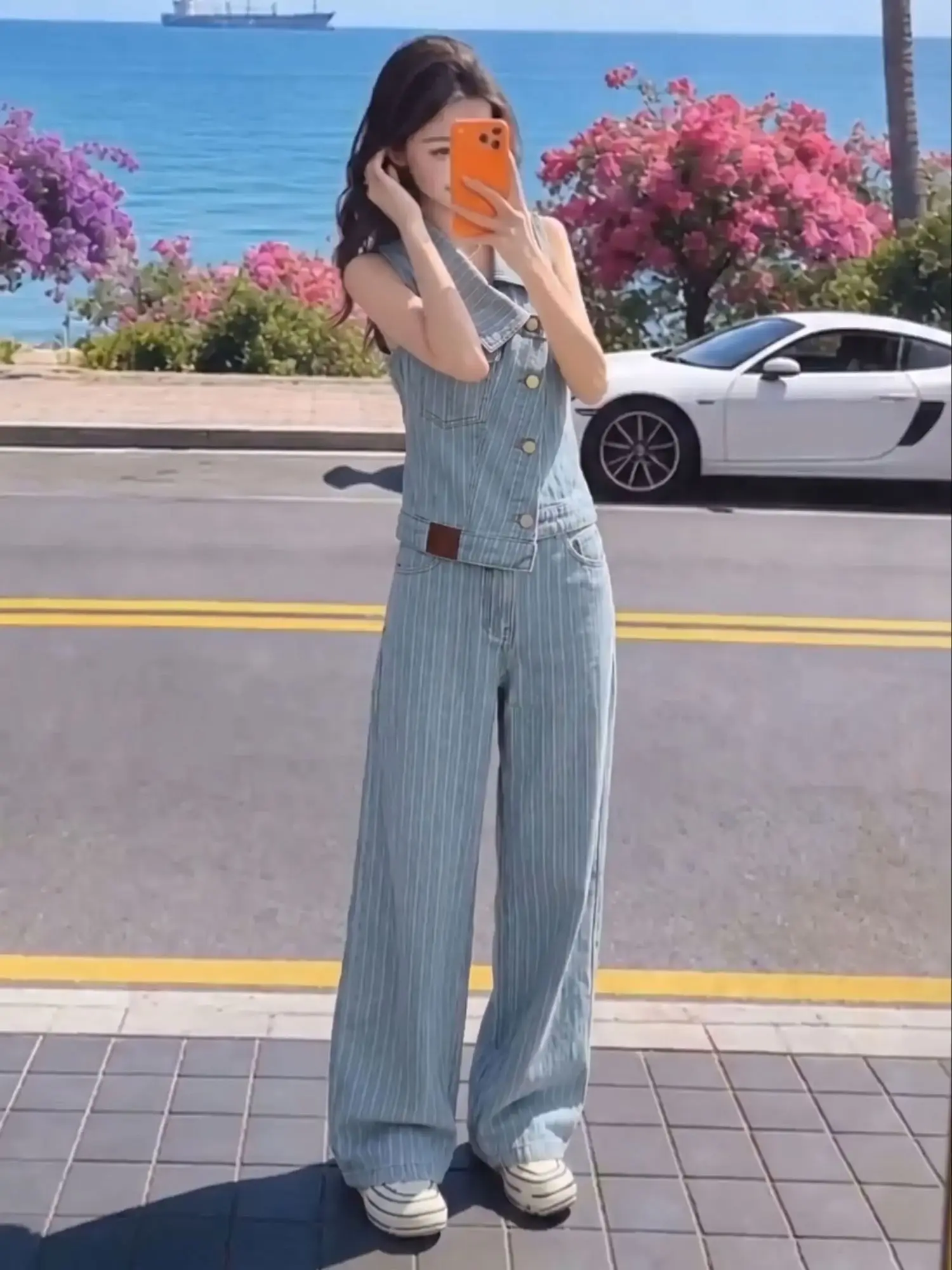 Korean Style High Waist Wide Leg Pants Vest Two Piece Set Women's Denim Striped Slimming Hip Covering Retro Casual Wear