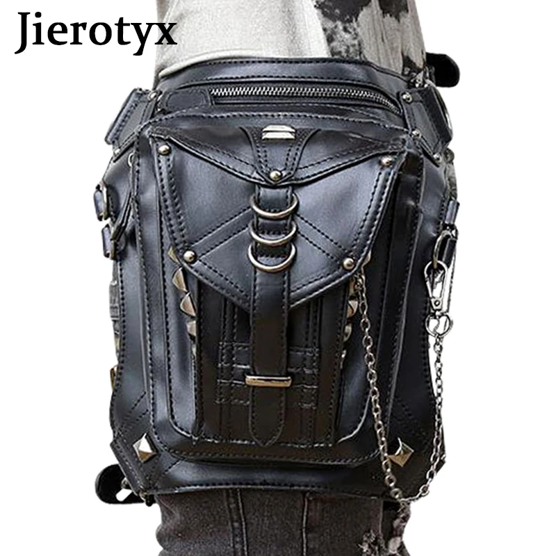 Jierotyx preto bolsa de cintura de couro para mulher steampunk retro rock gótico sacos de peito pacote feminino perna estilo vitoriano