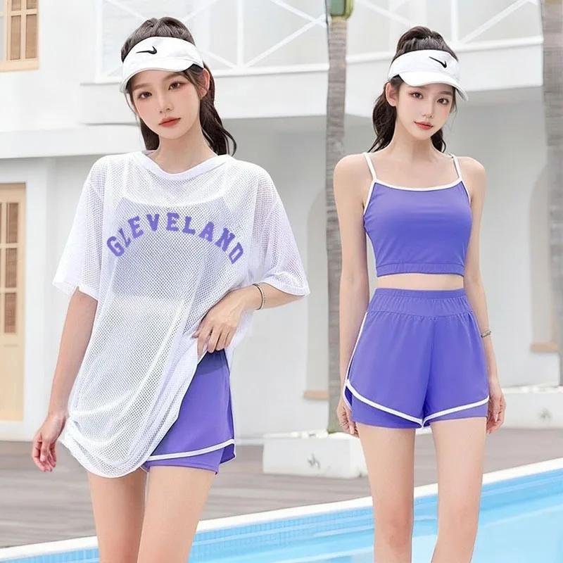 

Women's 3 Piece Bikini Set White Mesh Letter Print Loose Short Sleeve Cover Up With Matching Swimwear Summer Beach Bathing Suit