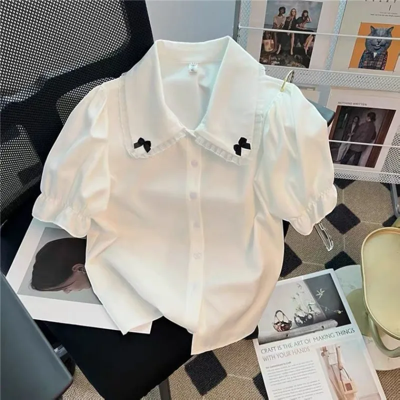 Crop Doll Neck Top Sweet Lolita White Shirt Short Sleeved Blusas Mujer De Moda 2024 Summer Blouse Bow Japan Style Femme