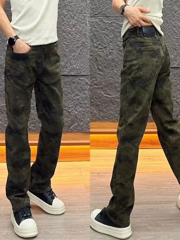 

American Retro Camouflage Straight Leg Jeans Men's Slim Fit Casual Waed Personali Haome Slimming Long Pants