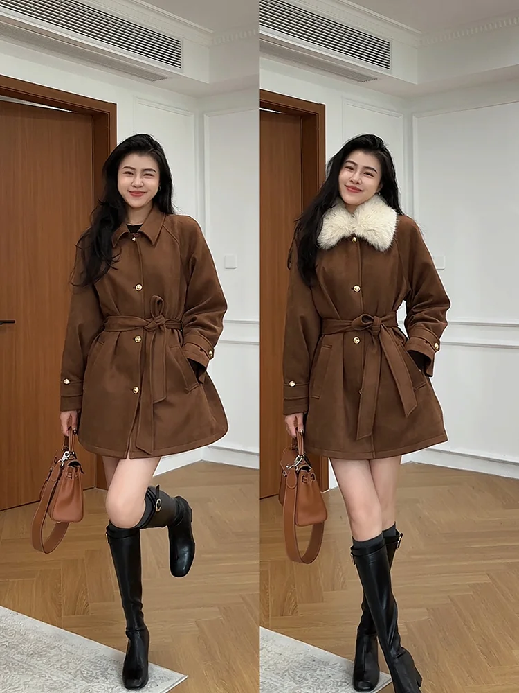 

Теплая зима S Ретро Ele Универсальный замшевый пуховый воротник-стойка на талии Теплый женский повседневный волокно из полиэфирного волокна