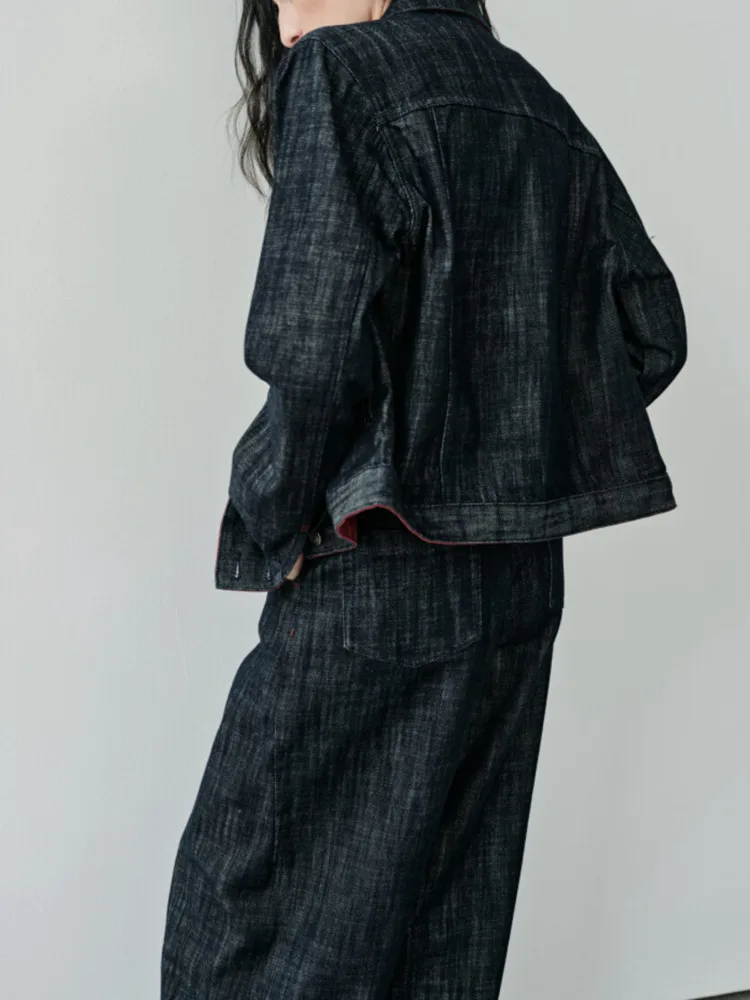 BJTZ 데님 싱글 브레스티드 라펠 재킷 투피스 세트 여성용 2025 봄 가을 신상 하이웨이스트 청바지