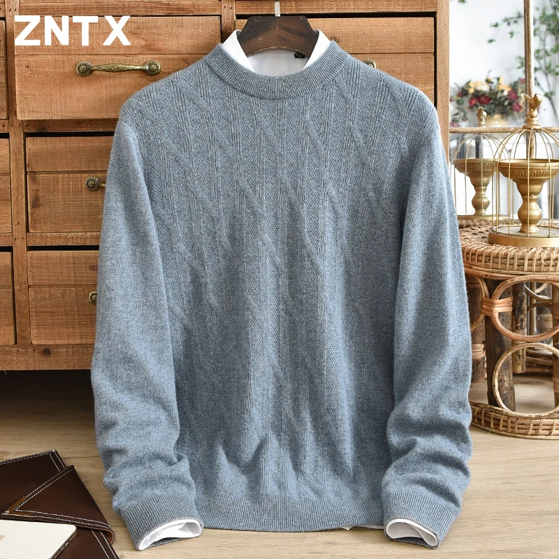 

Men's 100% pure cashmere sweater with thick and loose base, middle-aged striped jacquard semi high neck sweater, casual