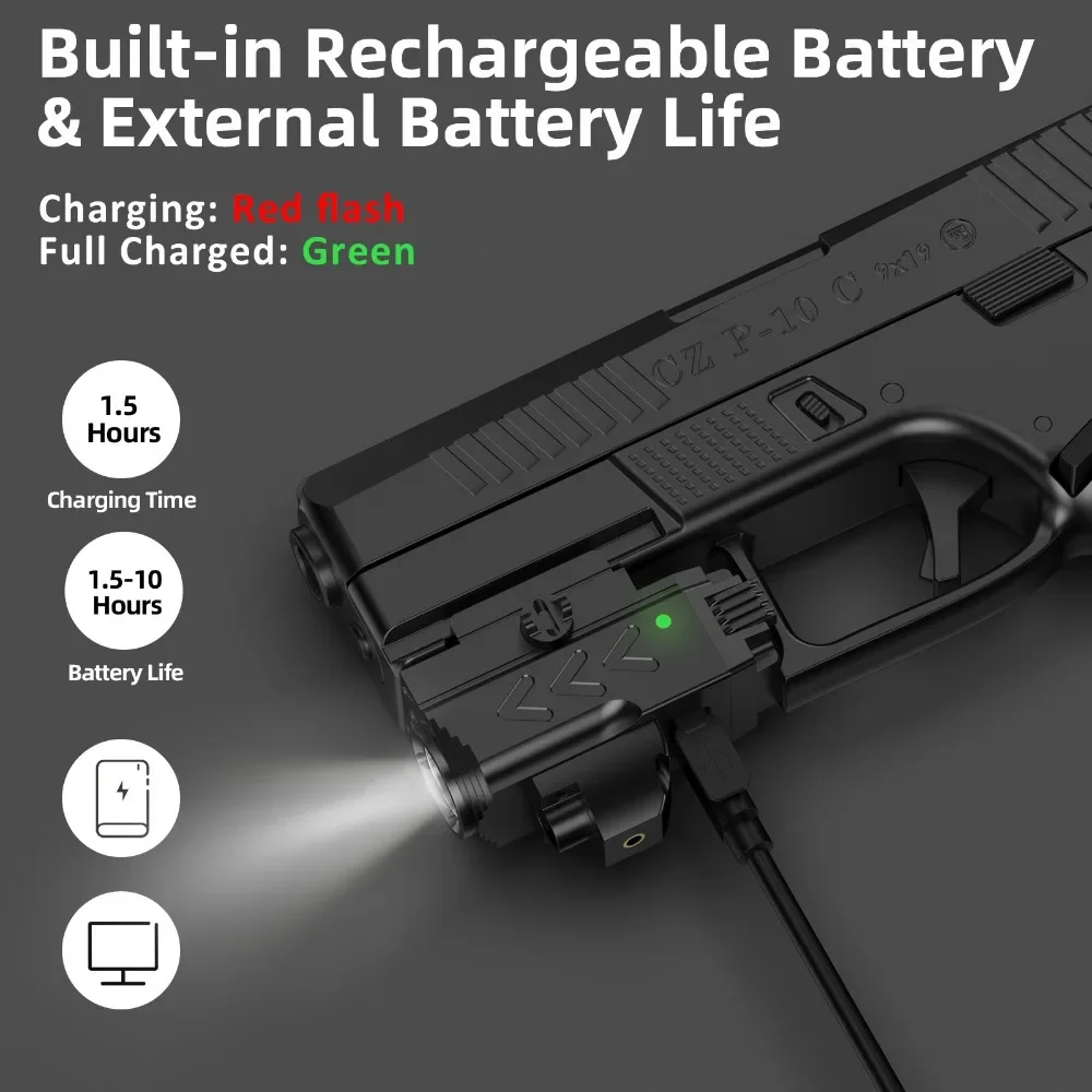 Mini Weapon Light Combo 800 Lumens Pistol Tactics Flashlight Red Laser Sight Rechargeable LED Torch for Outdoor Hunting Shooting