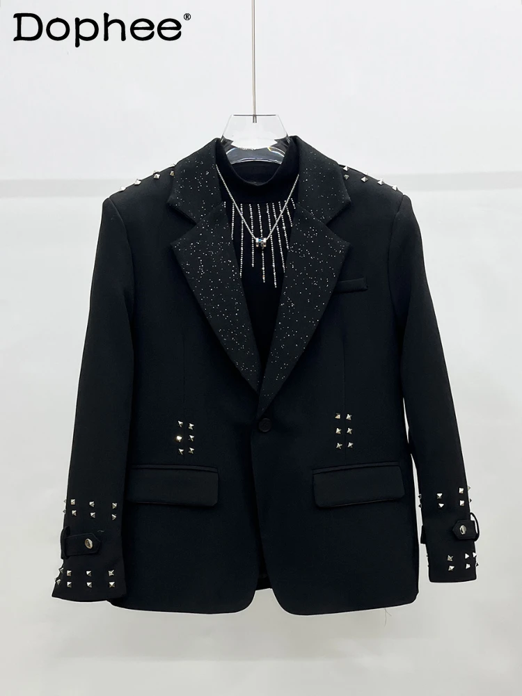 

2024 Autumn Winter New Black Blazers Men's Babysbreath Rivet Design Trendy Long Sleeve Suit Jacket Shoulder Padded Suit Jackets