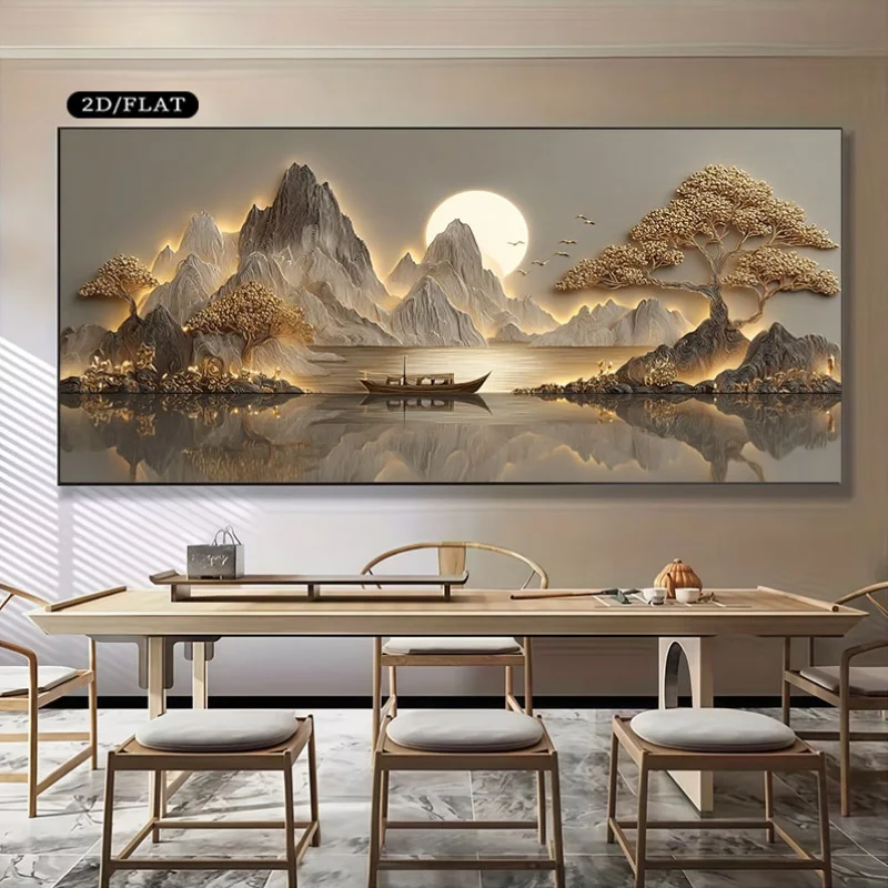 

2D Flat 1pc Large Textured Canvas Wall Art, Frameless Golden Serenity Landscape Art for Living Room, Bedroom or Office Decortion