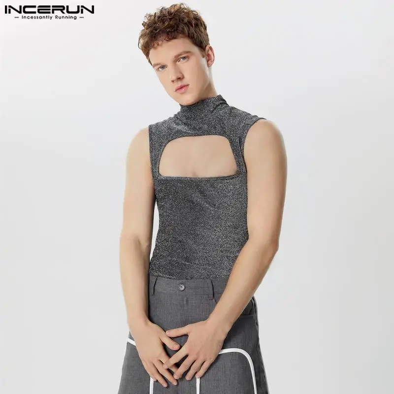 Sexy Stylish Style Tops INCERUN New Men\'s Glitter Fabric Hollow Vests Leisure Clubwear Half High Neck Sleeveless Tank Tops S-5XL