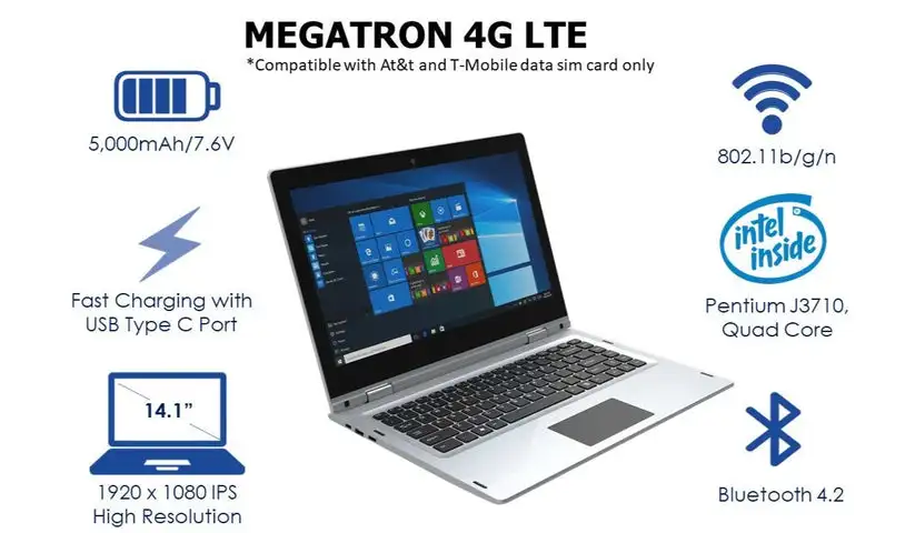 14.1 NCH Notebook Ultrabook 4GB RAM 6GB ROM Touch Screen 360° Laptop PC Windows 10 Pro Intel Pentium 4G LTE 1920 X 1080 IPS
