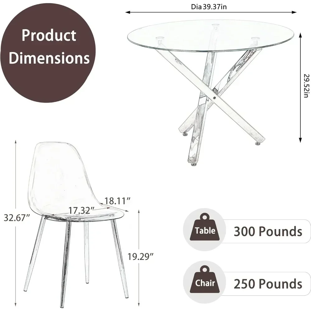 Dining Table Set for 4, 39'' Modern Clear Round Glass Dininer Table, Clear Acrylic Chairs, 5 Pcs Minimalist Dining Room Set