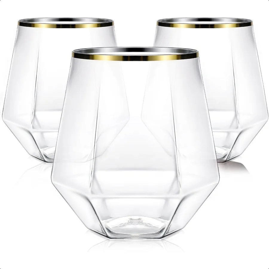 

40 Pcak Plastic Steml Wine cocktail Whiskey Champagne Glasses 12 Oz Gold Rim Clear Unbreakable Cups for Party Bars Wedding Tas