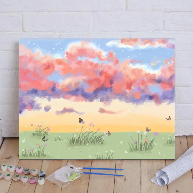 DIY Paint By Numbers Beautiful Grassland and Sunset Digital Oil Painting for Adults and Kids Dreamy Landscape Art Decoration