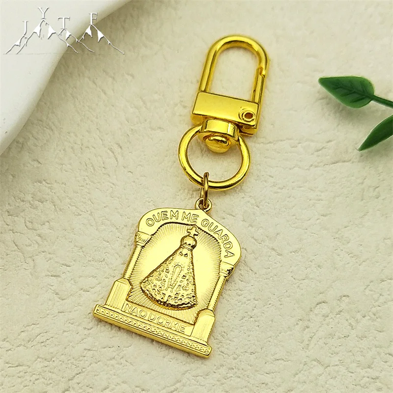 

OUEM ME GUARDA Our Lady Of Aparecida Brazil Key Chains for Women Men Stainless Steel Gold Color Key Ring Virgin Mary Jewelry