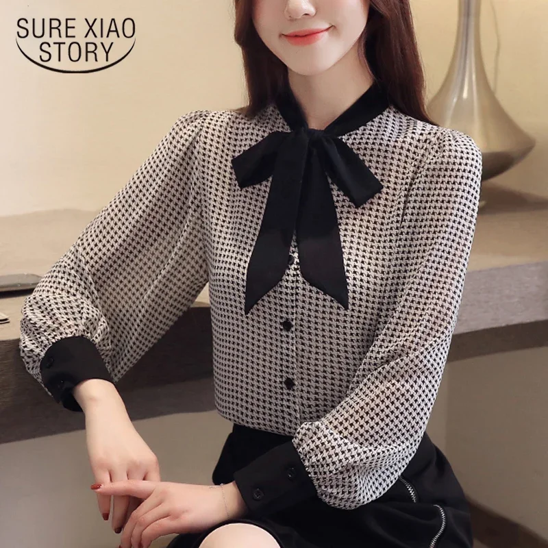 Womens Tops and Blouses Women Shirts Cool Temperament Bow Houndstooth Chiffon Shirt Female Lantern Long-sleeved Shirt 2413 50