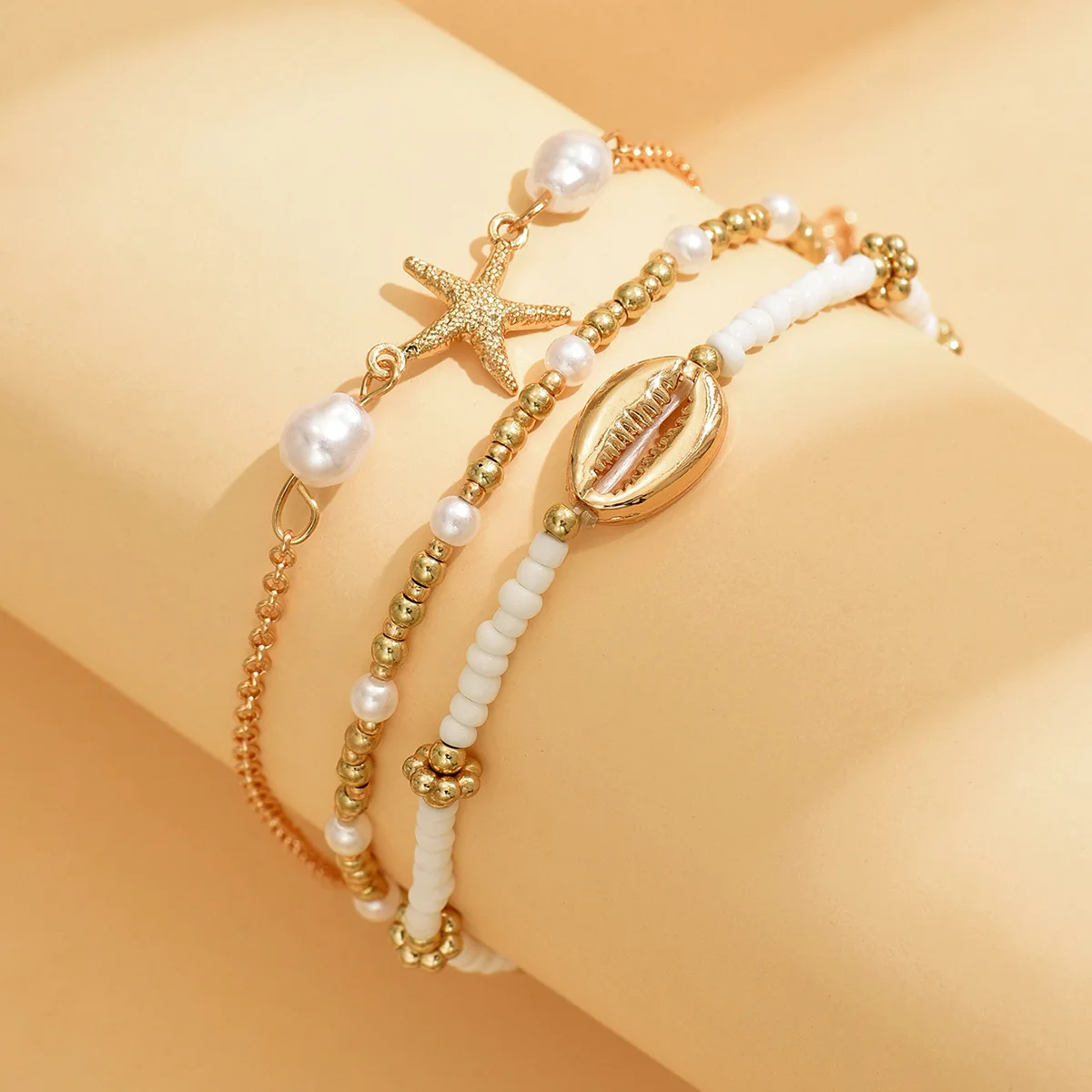 Summer Three-Layer Shell Bracelet Set for Women Bohemia Starfish Charm Pearl Beads Party Sea Beach Jewelry Wholesale
