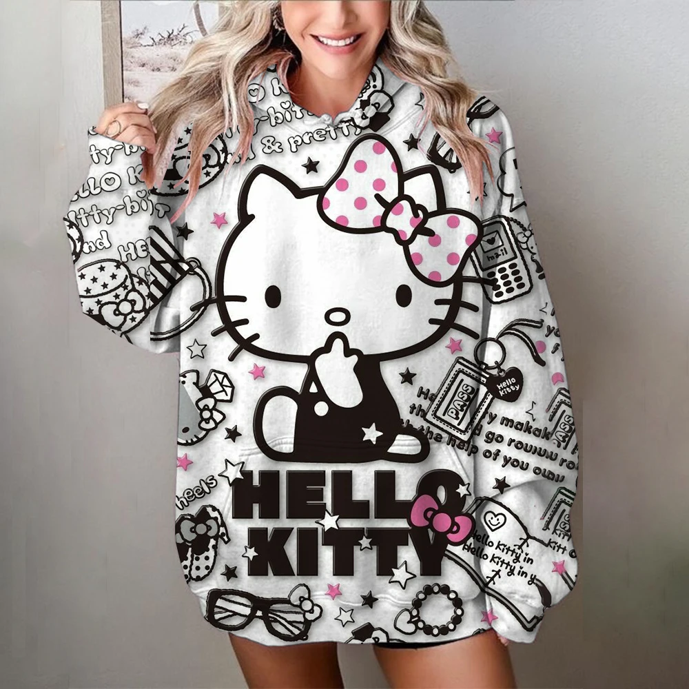 Autumn Winter Womens Casual Cute Hello Kitty print Long Sleeve Drawstring Pullover Tops Cute Style Hooded Sweatshirt 2024 ﻿