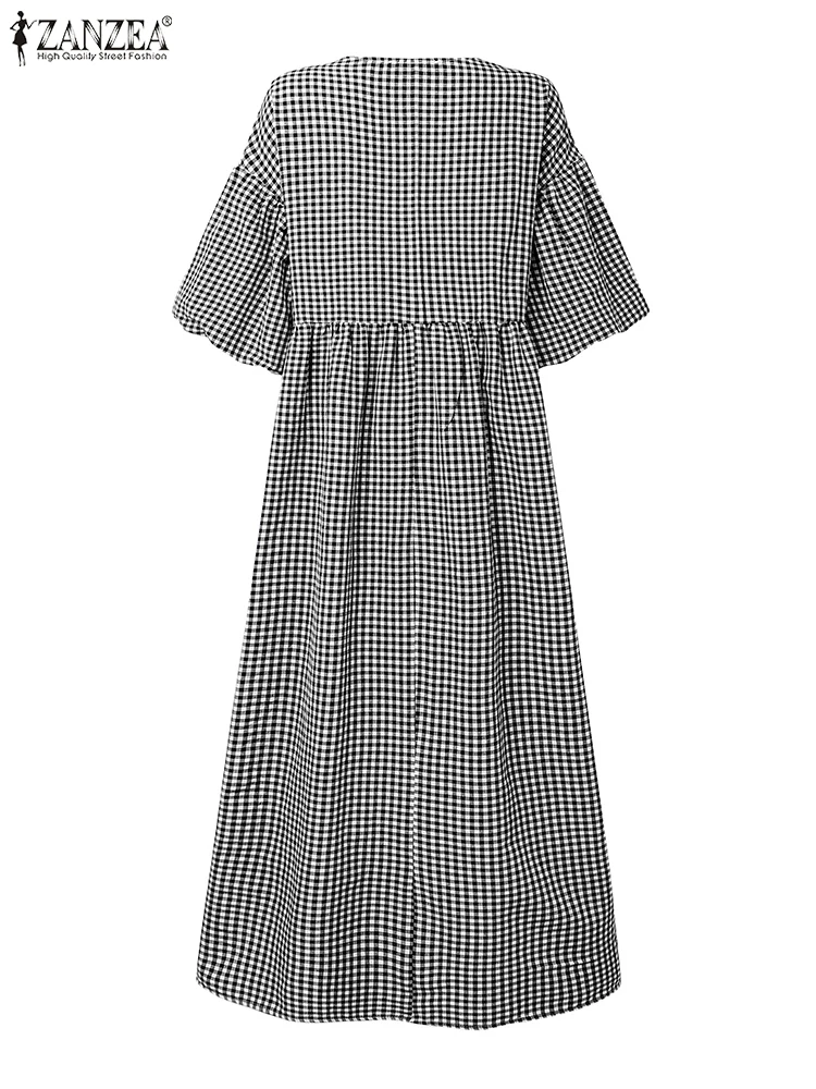 2025 ZANZEA elegante vestido de manga acampanada verano Maxi Vestidos a cuadros mujeres bata elegante cuello en V manga 3/4 vestido veraniego de trabajo Vestidos