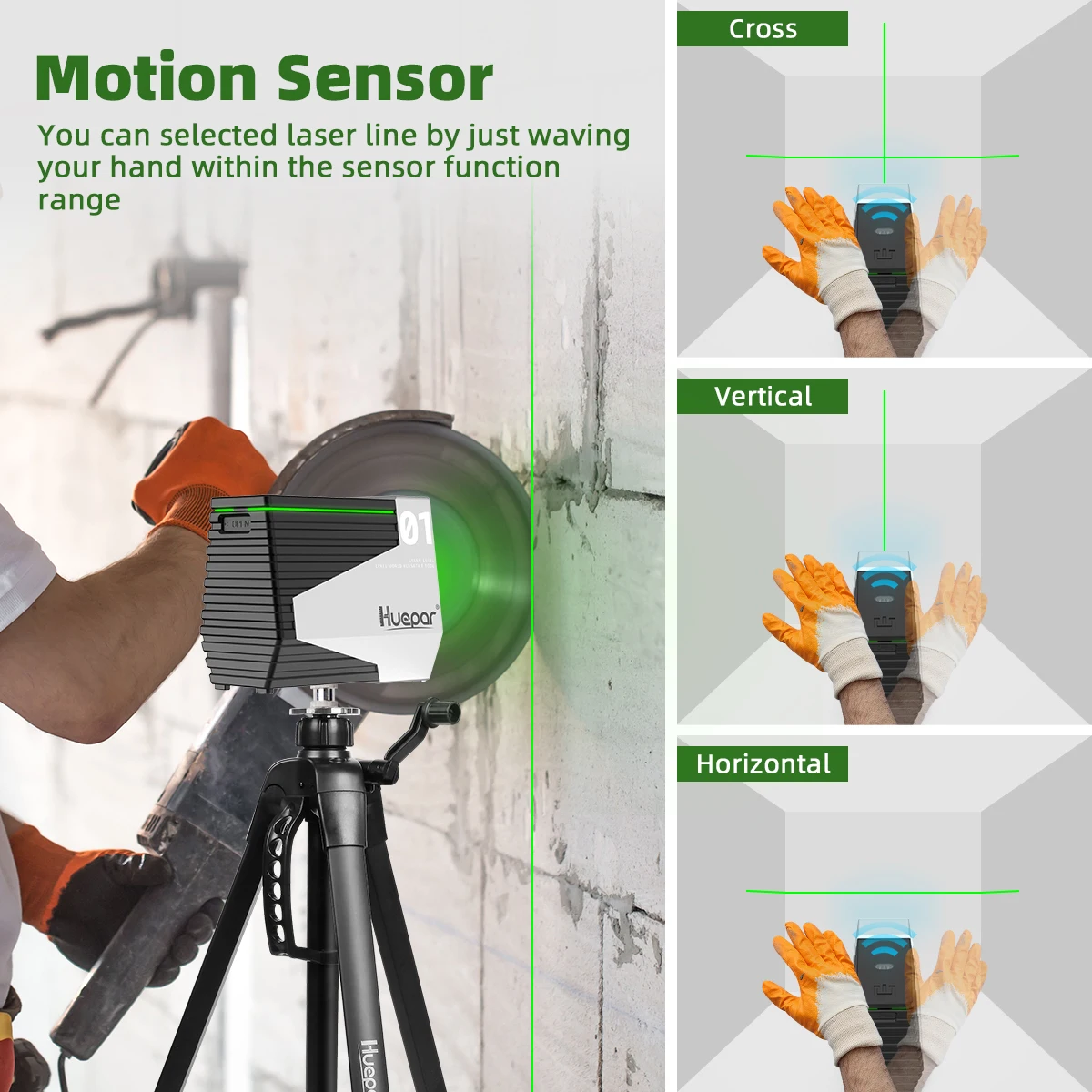 Imagem -02 - Cross Line Laser Level Recarregável Verde Auto Nivelamento Ferramenta Sensor de Movimento Modo de Pulso Onda Mãos para Mudar Huepar-e011g