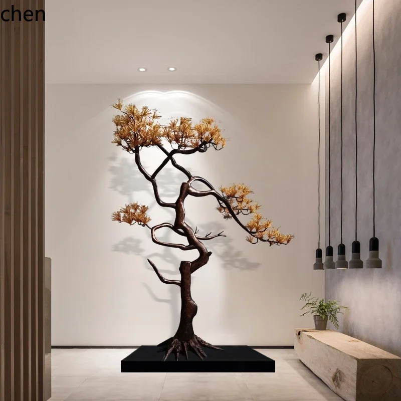 HT  Chinese floor-to-ceiling wrought iron welcome pine ornament, hotel clubhouse lobby sculpture, lucky tree