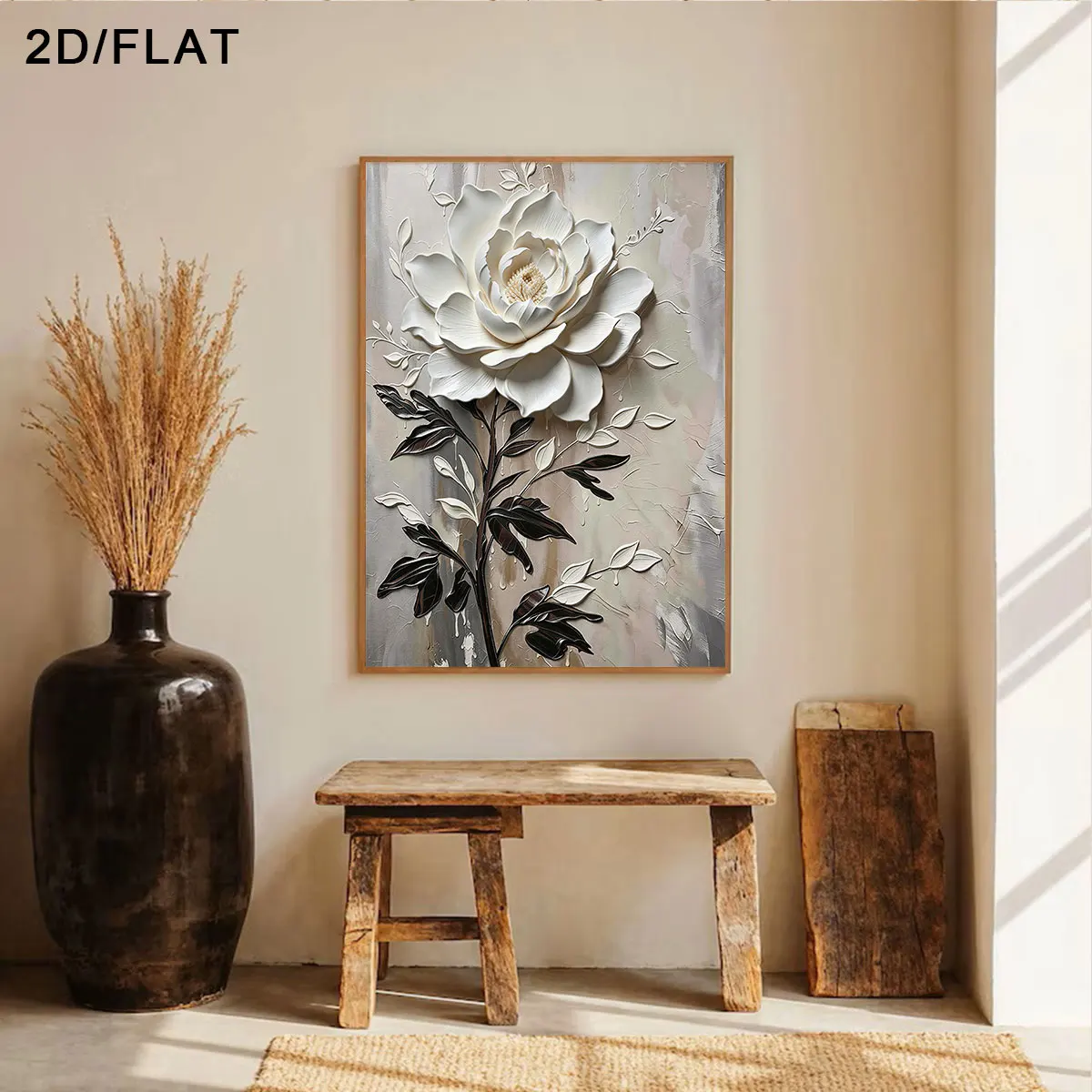 2D/Flat Large Modern Abstract White Peony Flower - Frameless Neutral Canvas Prints for Living Room and Bedroom Decorations Gifts