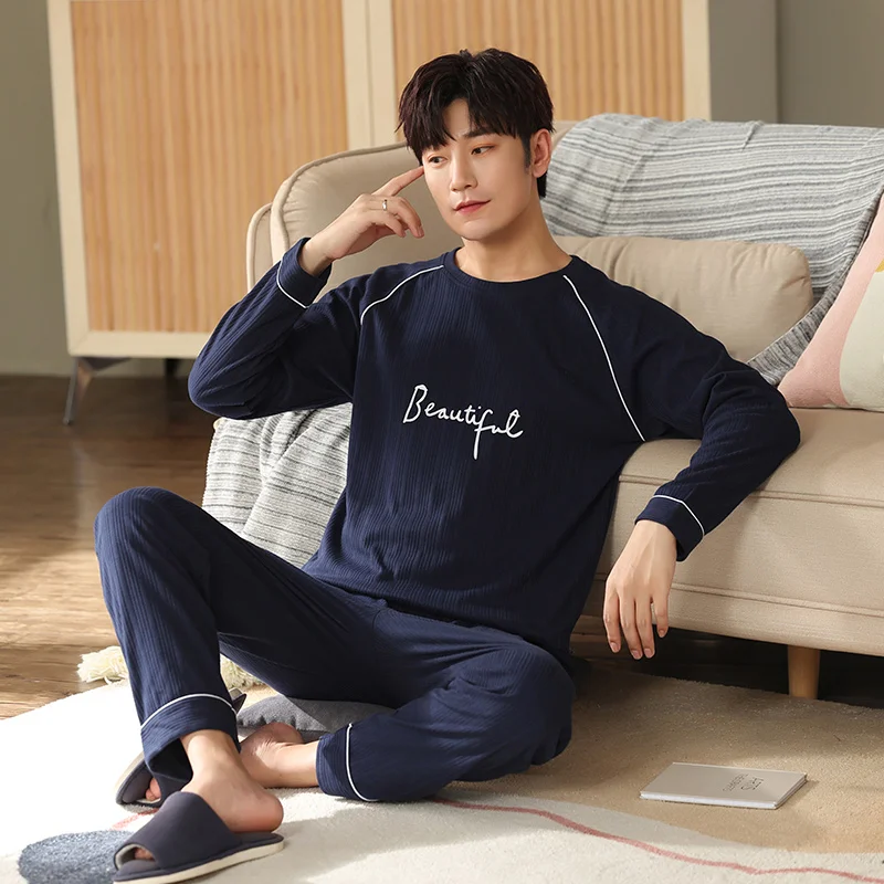 Letter Men Pajamas Sets Autumn Winter Long Sleeves Long Pants Sleepwear Simple Pyjamas Soft Pijamas Cozy Nightshirts Boys Pjs Pj