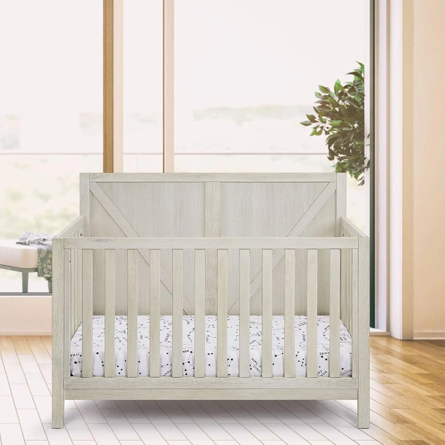 Pvillez Crib, Baby Cribs 4 in 1 Convertible, Natural Wood Baby Crib, Baby Bed, Cribs for Babies, Greenguard Gold Certified