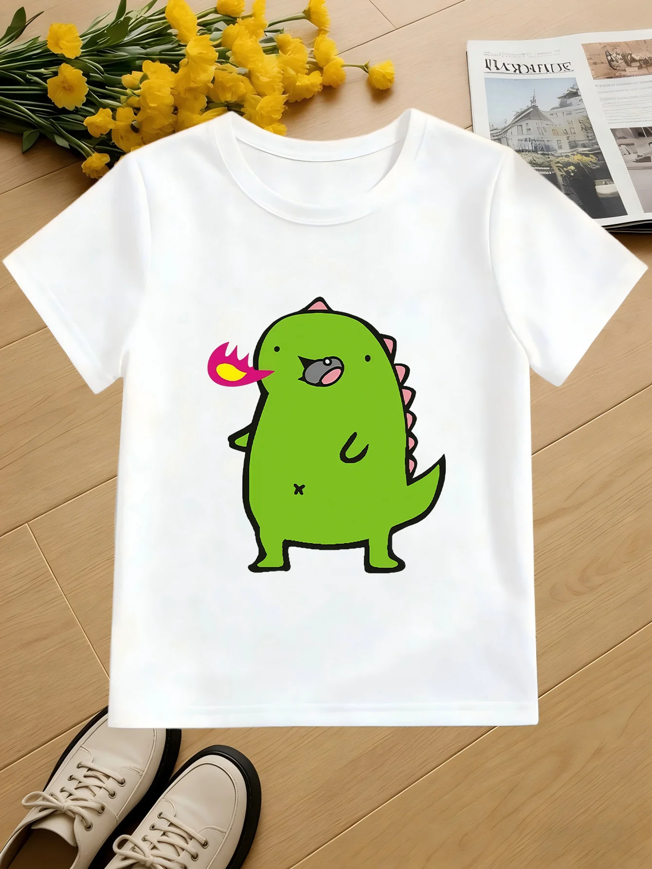 Cute Green Spitting Fire Dinosaur Cartoon Animal Graphic Kids T Shirt Boys Girls Family Matching Summer Crew Neck Casual Tee