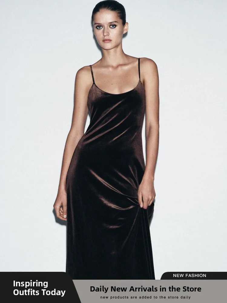 Ele Long Velvet Svel Dr New الخريف المرأة Faion Strapl ثوب أنيق Ele Sle للأعمار من 25 إلى 35 #1