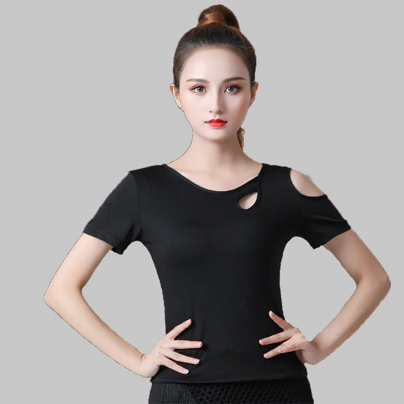 Women's Moden Latin Dance Top Sexy over Shoulder Basic Summer Short Sleeve Comfortable Milk Silk Fabric Ballroom Dancewear
