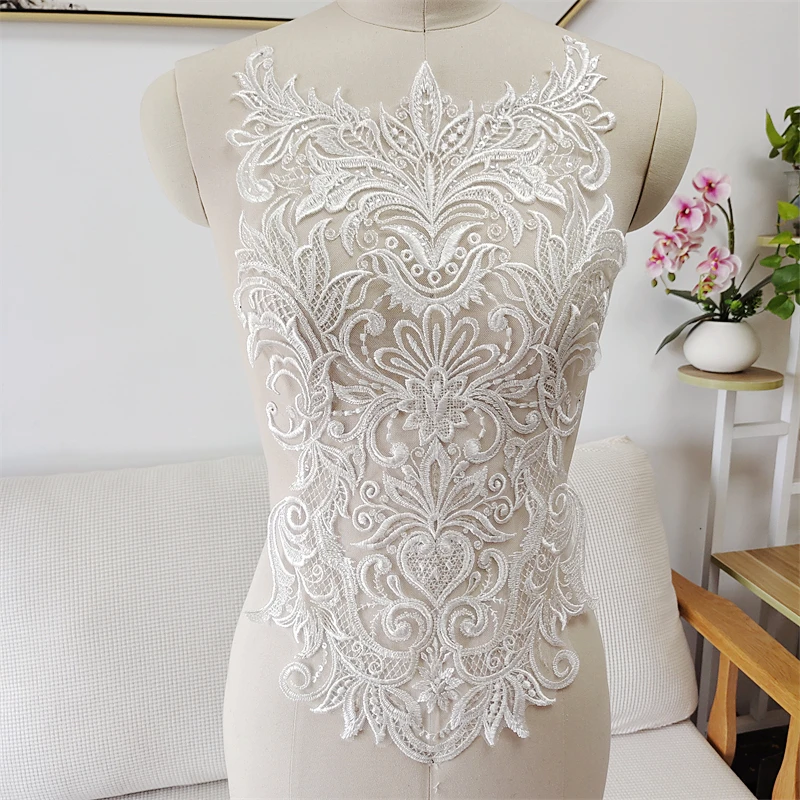 New Mesh Embroidery Sequin Fabric Applique Bridal Wedding Dress Lace Patch Front Chest Back Patch DIY Accessories