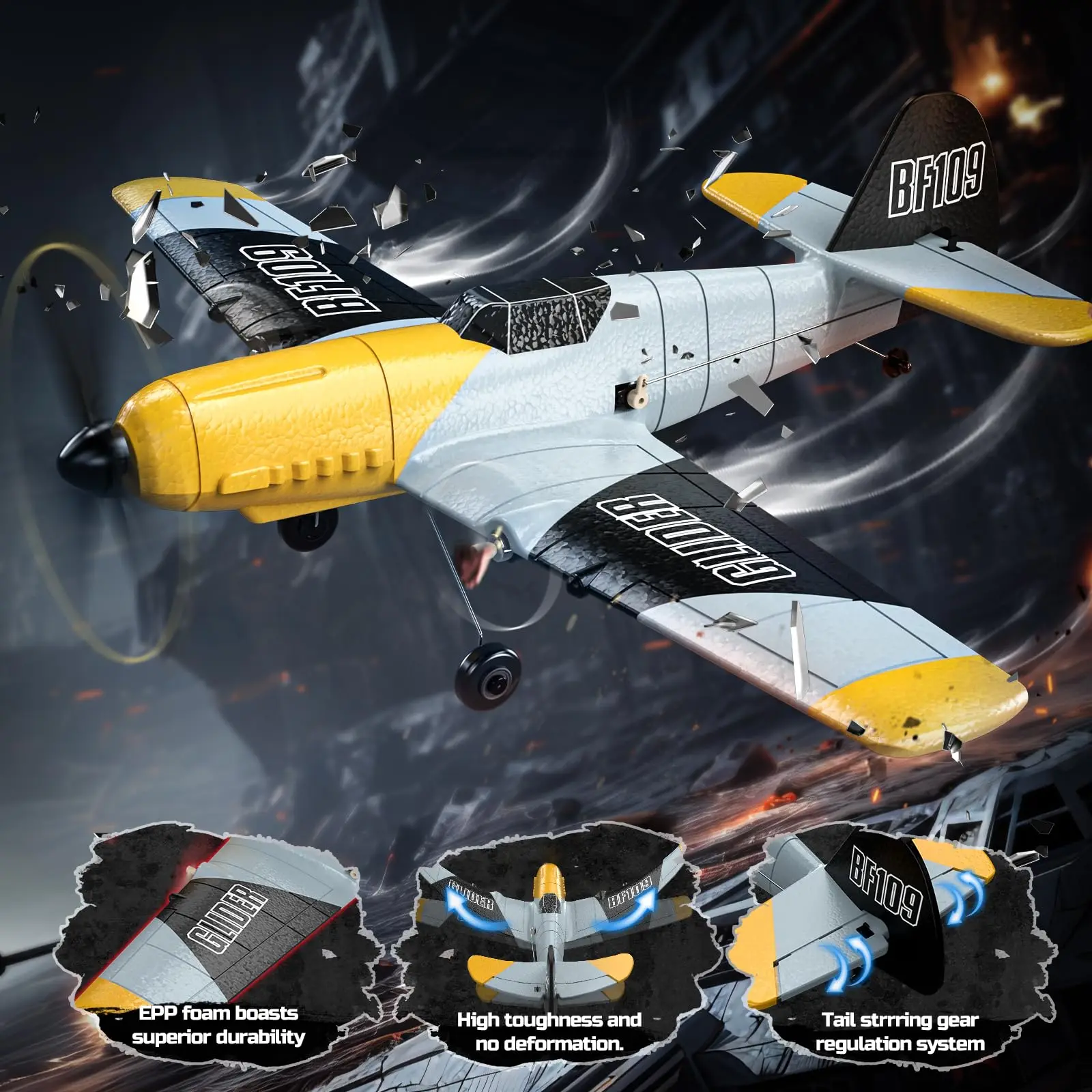 DEERC RC Plane BF-109, 3 canales, 2,4 GHz, giroscopio de 6 ejes, planeador RTF, 2 baterías, Easy Fly para adultos, niños, principiantes