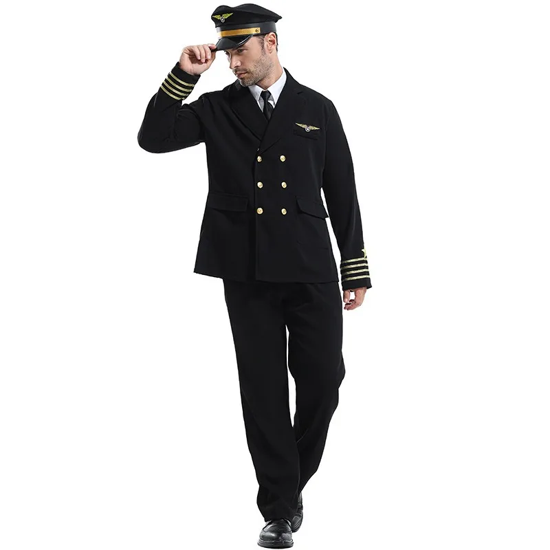 أزياء الهالوين للرجال، زي كابتن طيار طيران، بدلة سوداء، سترة تنكرية للحفلات للبالغين، كرنفال عيد الميلاد