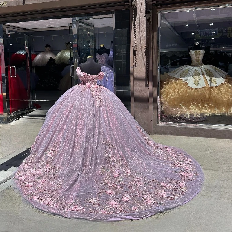 Lorencia vestido De quinceañera con hombros descubiertos De princesa lavanda, apliques De encaje Floral 3D con cuentas, dulce 16, 15 Años, YQD429