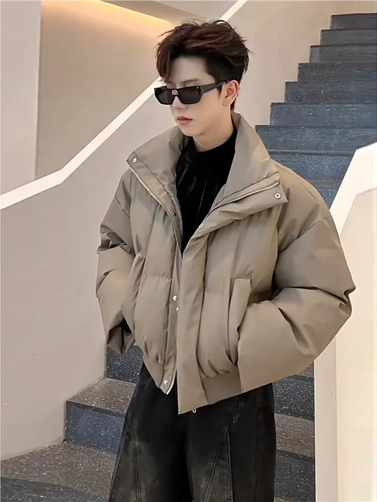 

Retro American ort PU Leather down Jaet Men's Thiened Stand Collar Warm Trendy Brand Wa-Free Cotton Coat