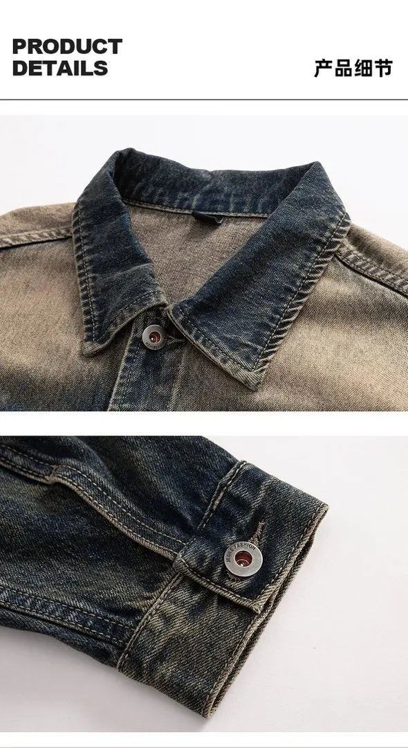 Streetwear Jeansjacke mit Farbverlauf für Herren, Baggy Distressed Faded Denim Jacken, Oversized Casual Outfits, Oberbekleidung im Vintage-Stil – Detail 7