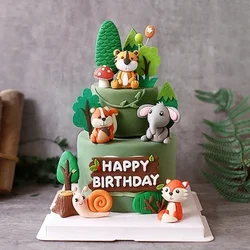 Cute Forest Cartoon Animal Caketopper Soft Clay Tiger Elephant Snail Fox Happy Birthday Cake Decor Wild One Woodland Theme Parti