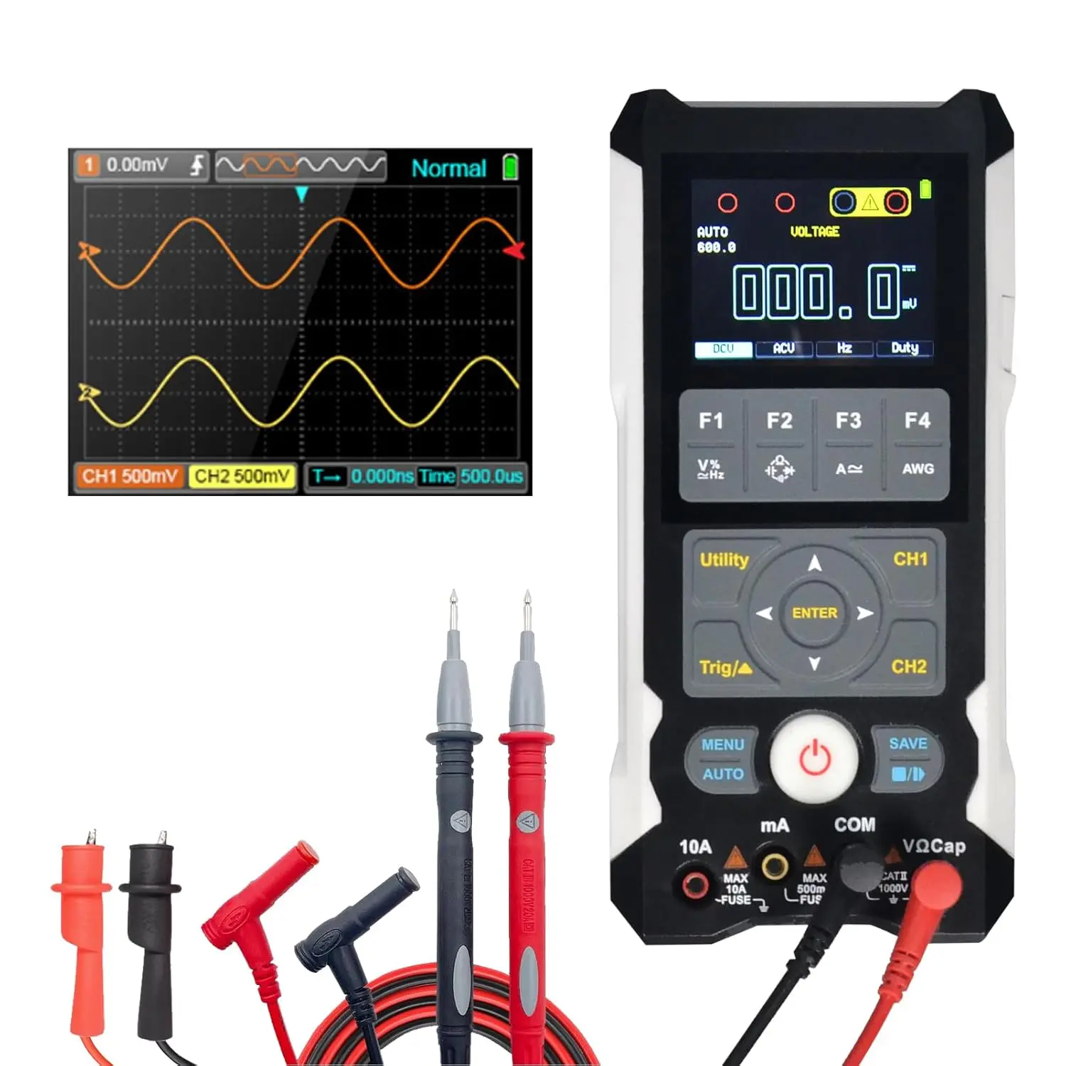 3 in 1 Digital Oscilloscope Multimeter, 80Mhz Bandwidth with 2 Channels Handheld Oscilloscope Waveform Generator and Multimeter