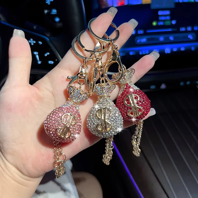 Fashion Crystal Money Bag Keychain Exquisite Metal Inlaid Diamond Dollar Bag Pendant Car Keyring Decoration Gift Accessories