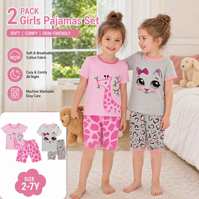 Little Hand Kids Cotton Printed Pyjamas Cartoon Kitten Giraffe Night Clothes Summer Loungewear Set for 2-7Y Girls
